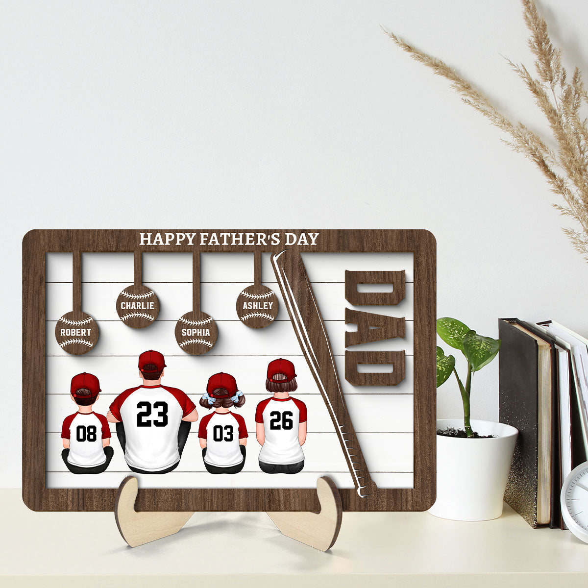 Baseball Dad And Kids Sitting Back View Personalized 2-Layer Wooden Plaque