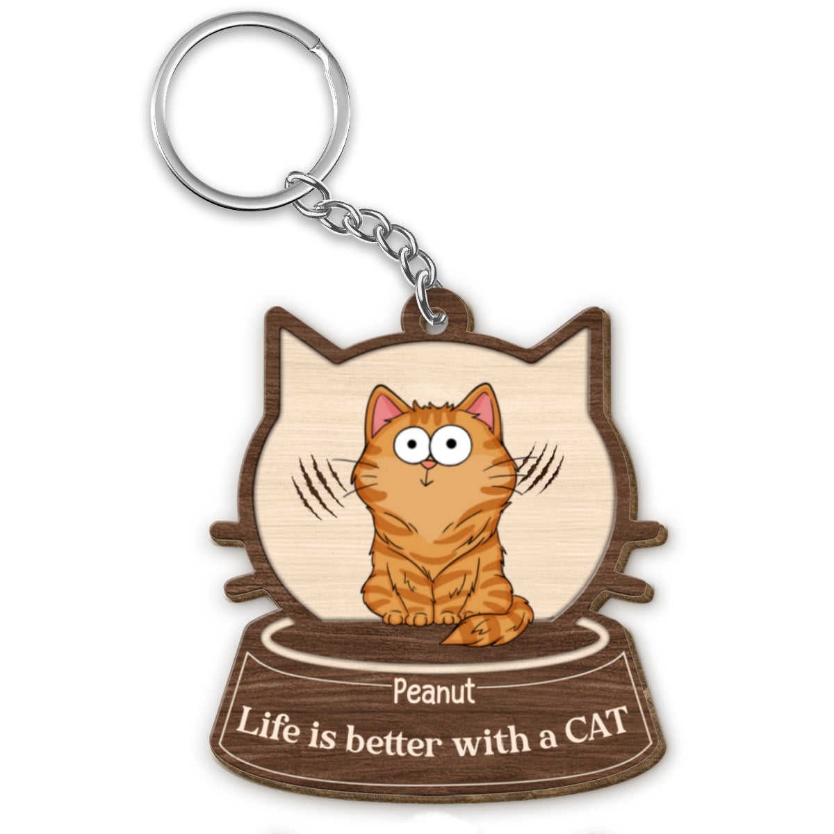 Cat Face Shaped Funny Cat Expressions Personalized Wooden Keychain