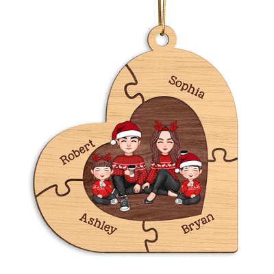 Christmas Cute Doll Family Sitting Heart Puzzles Personlized Wooden Ornament