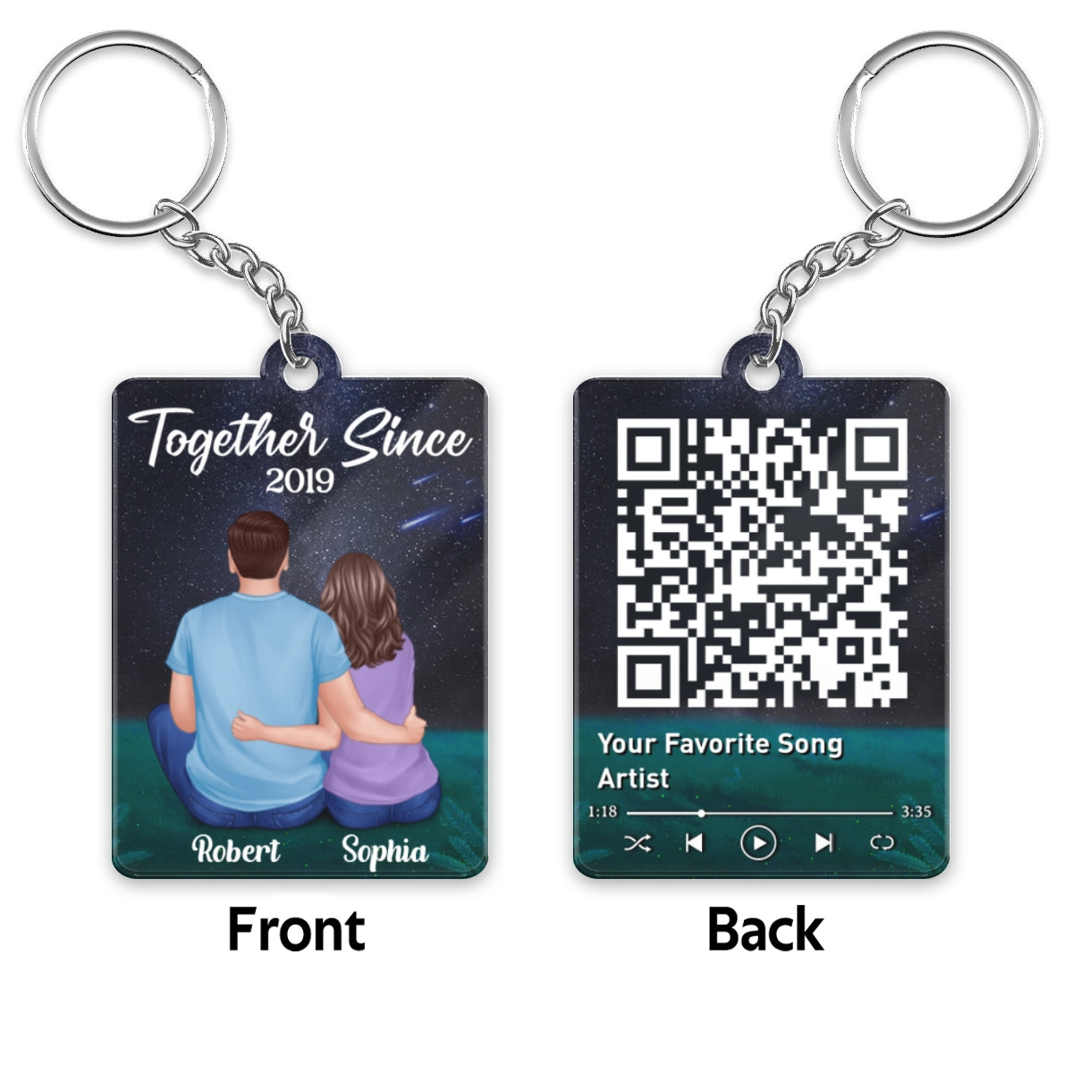 Couple Sitting Back View Under Night Sky Favorite Song QR Code Personalized Acrylic Keychain