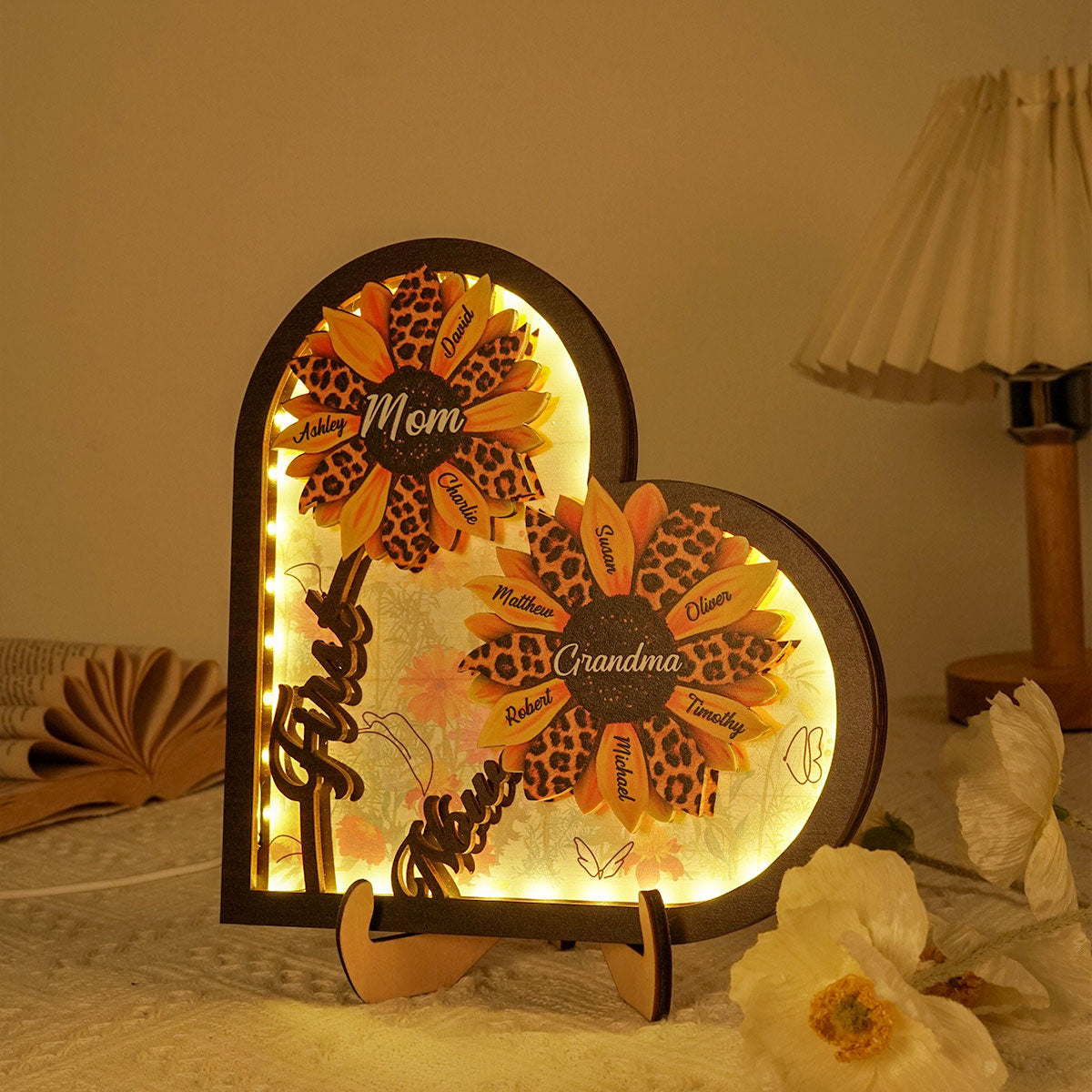Sunflowers First Mom Now Grandma Personalized Heart 2-Layer Wooden Plaque With LED