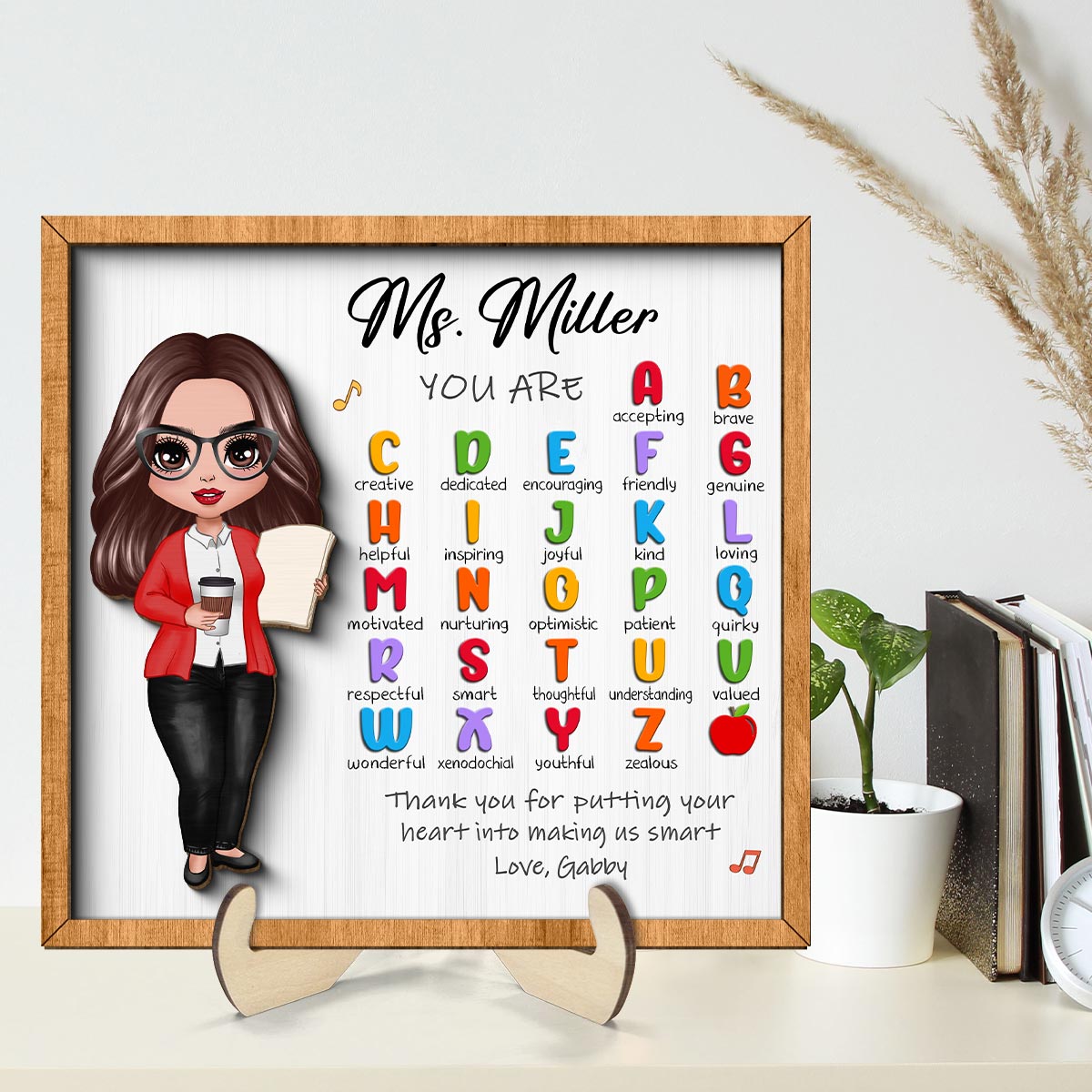 Teacher Appreciation Gift Thank You Alphabet Characteristics Doll Teacher Personalized 2-Layer Wooden Plaque