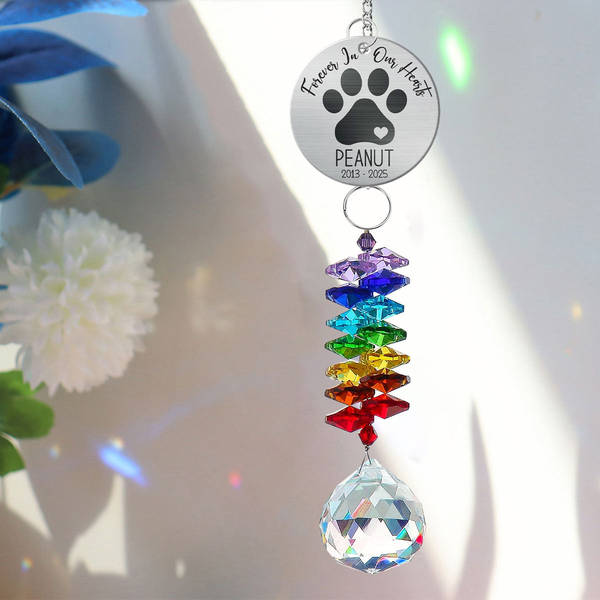 Pet Dog Memorial Forever In Our Hearts Personalized Crystal Suncatcher With Aluminum Charm