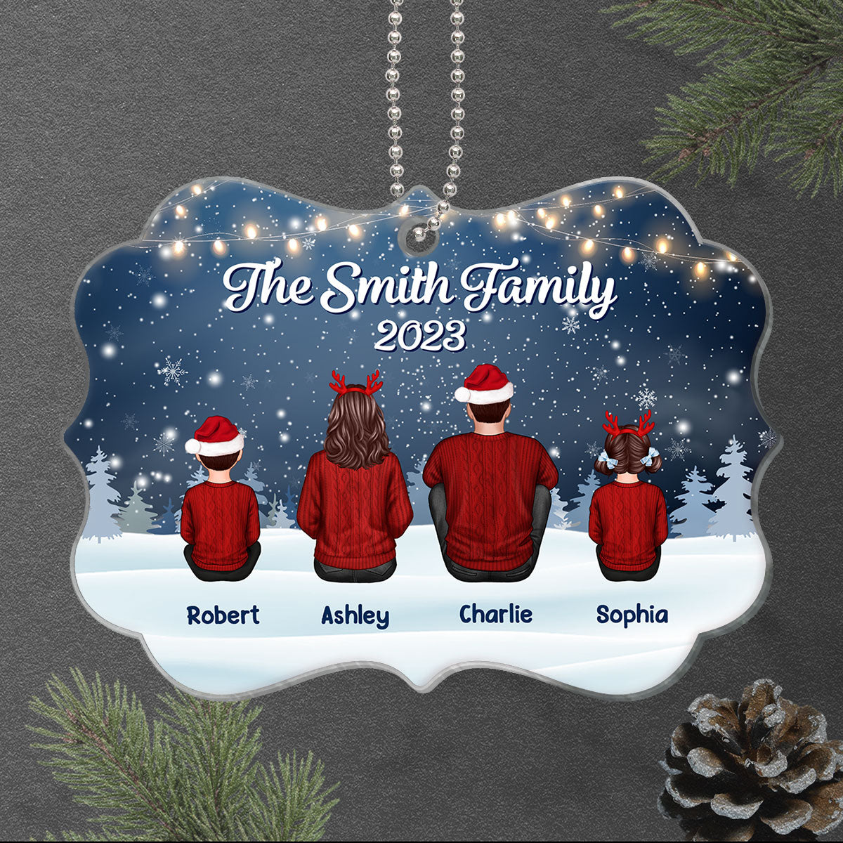 Family Back View Sitting In Snow Night Lights Personalized Acrylic Ornament