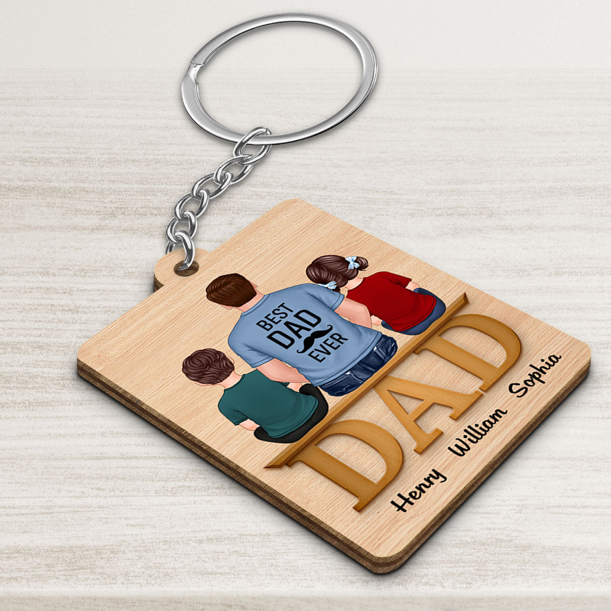 Dad Grandpa And Kids On Text Personalized Wooden Keychain