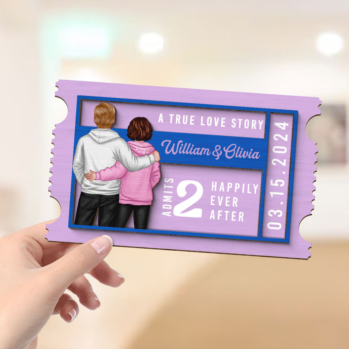 Couple True Love Story Ticket Personalized 2-Layer Wooden Plaque