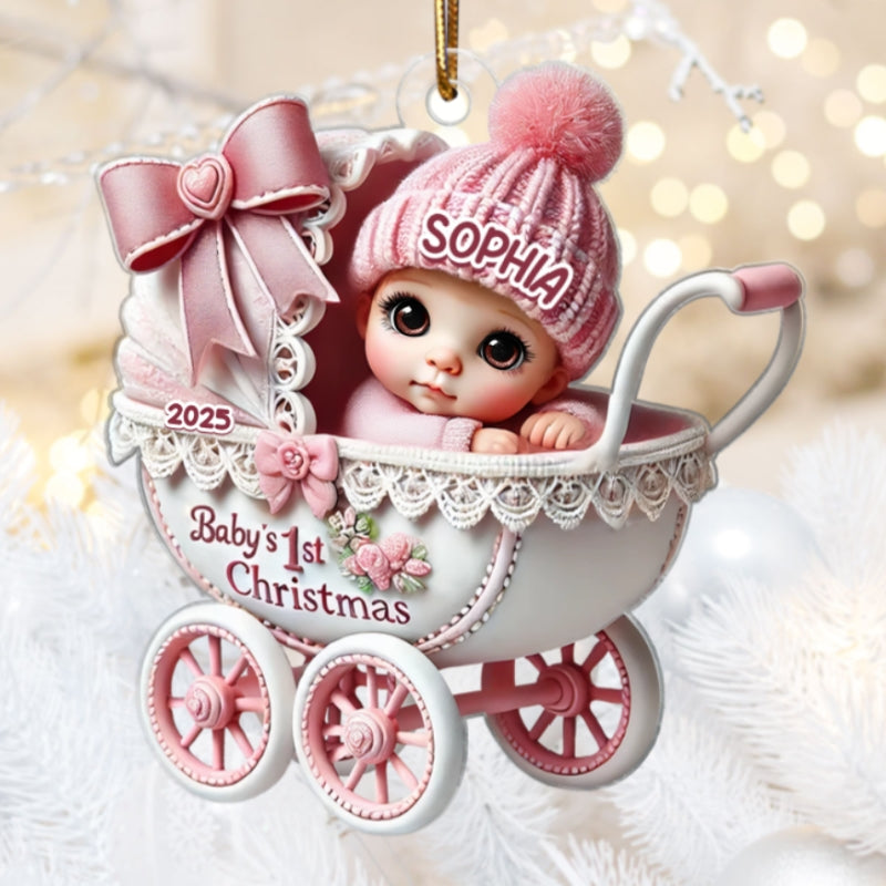 3D Effect Newborn Baby In Carriage Christmas Personalized Flat Acrylic Ornament, Christmas Gift For Newborns, New Parents