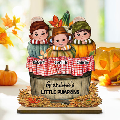 Cute Kids Grandma's Pumpkin Fall Season Personalized 2 Layer Standing Wooden Plaque