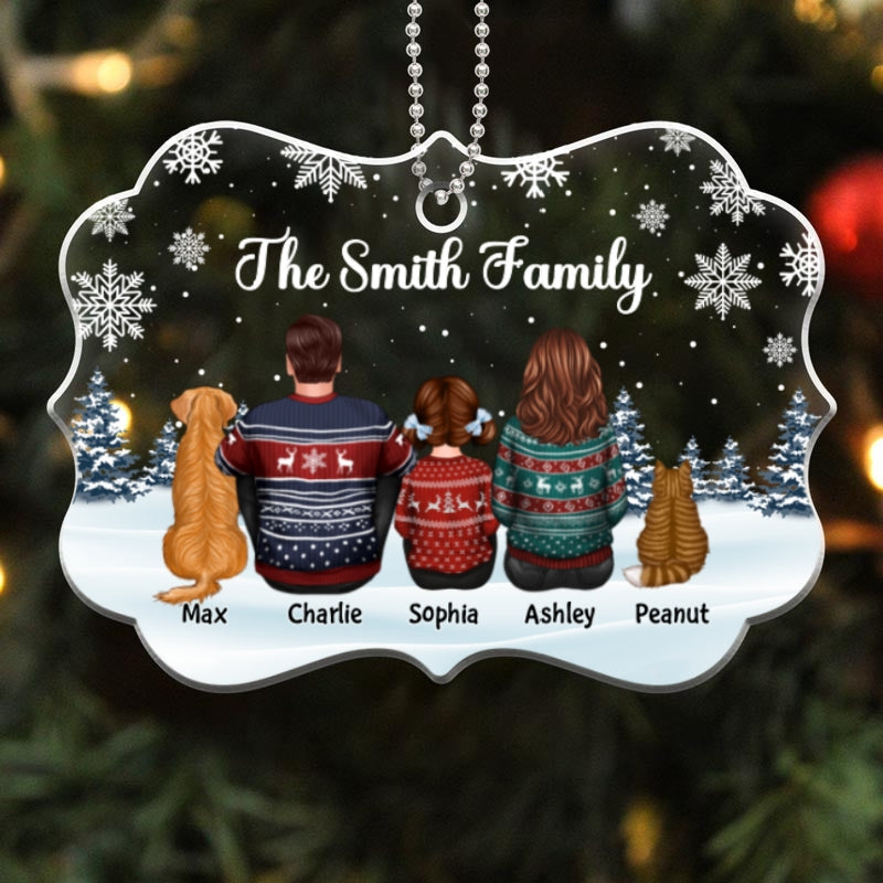 Family Dad Mom Kids Dogs Cats Snow Background Birthday, Anniversary Gift - Personalized Acrylic Ornament