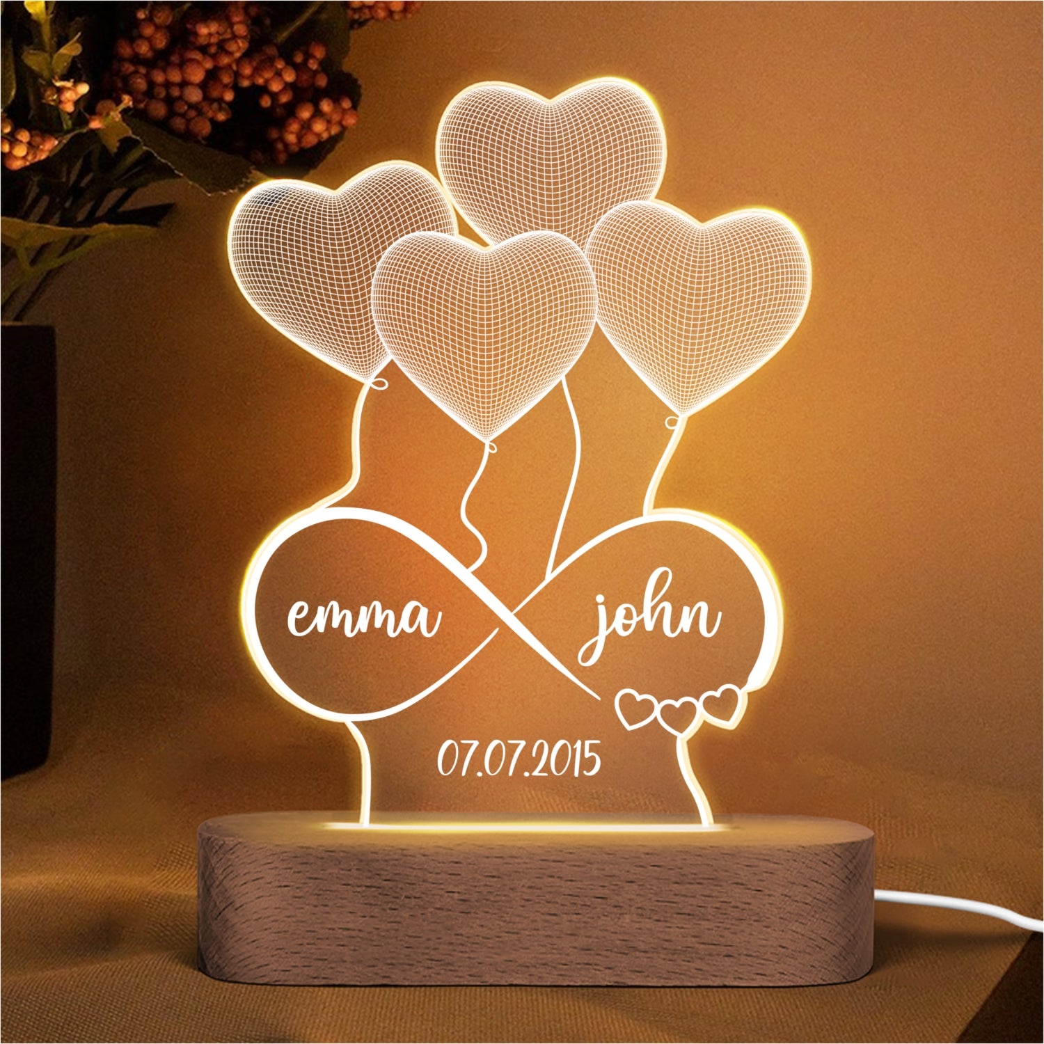 Couple Infinity Hearts Personalized Plaque With LED Night Light - Acrylic LED Lamp - Valentines Day Gift - Anniversary Gift - Romantic Gift For Couple - Gift For Him - Gift For Her