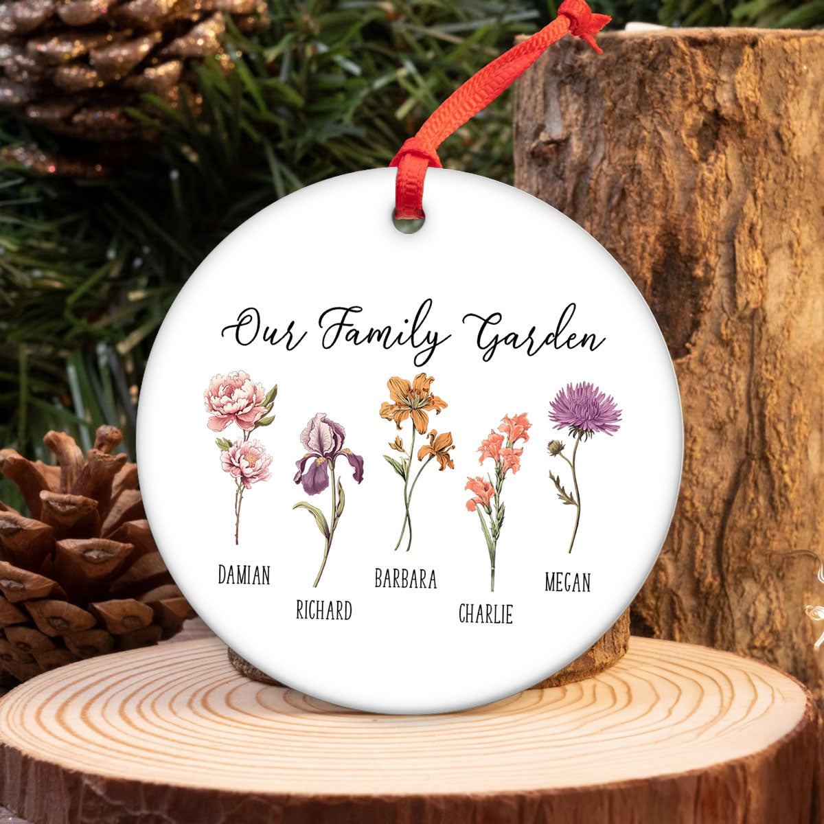 Grandma's Garden Birth Month Flower Family Personalized Ceramic Ornament, Birthday Christmas Gift For Grandma, Mom, Mother-in-law