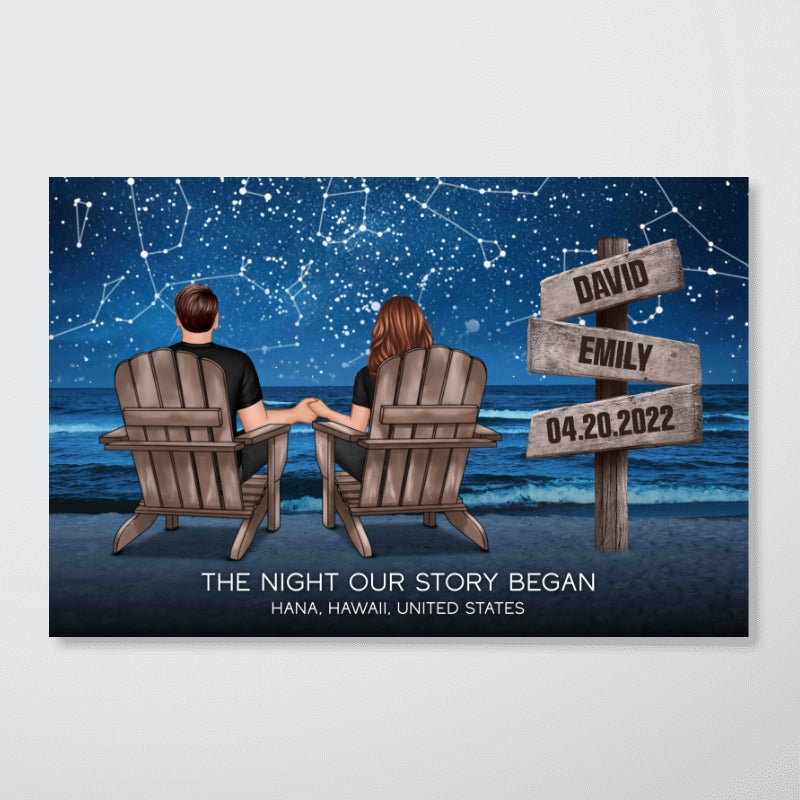Custom Constellation Star Map Romantic Beach Landscape Couple Sitting Holding Hands Sign Posts Personalized Poster, Heartfelt 2025 Gift For Couple, For Him, For Her, Boyfriend, Girlfriend, Husband, Wifed, Wife