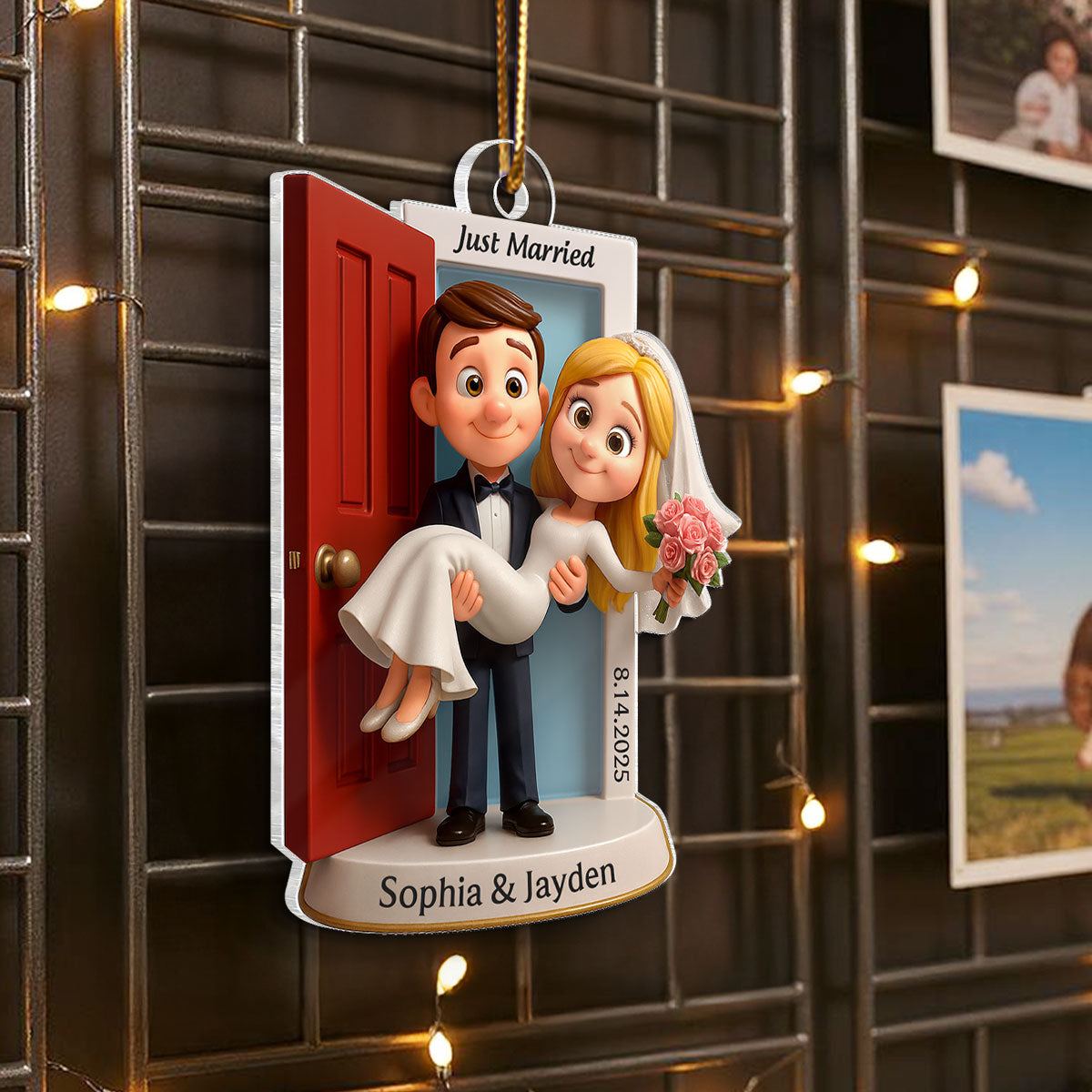 Personalized Our First Christmas Married Ornament | Customized Wedding Couple Threshold, Groom Carrying Bride | Just Married Newlyweds Marriage Keepsake