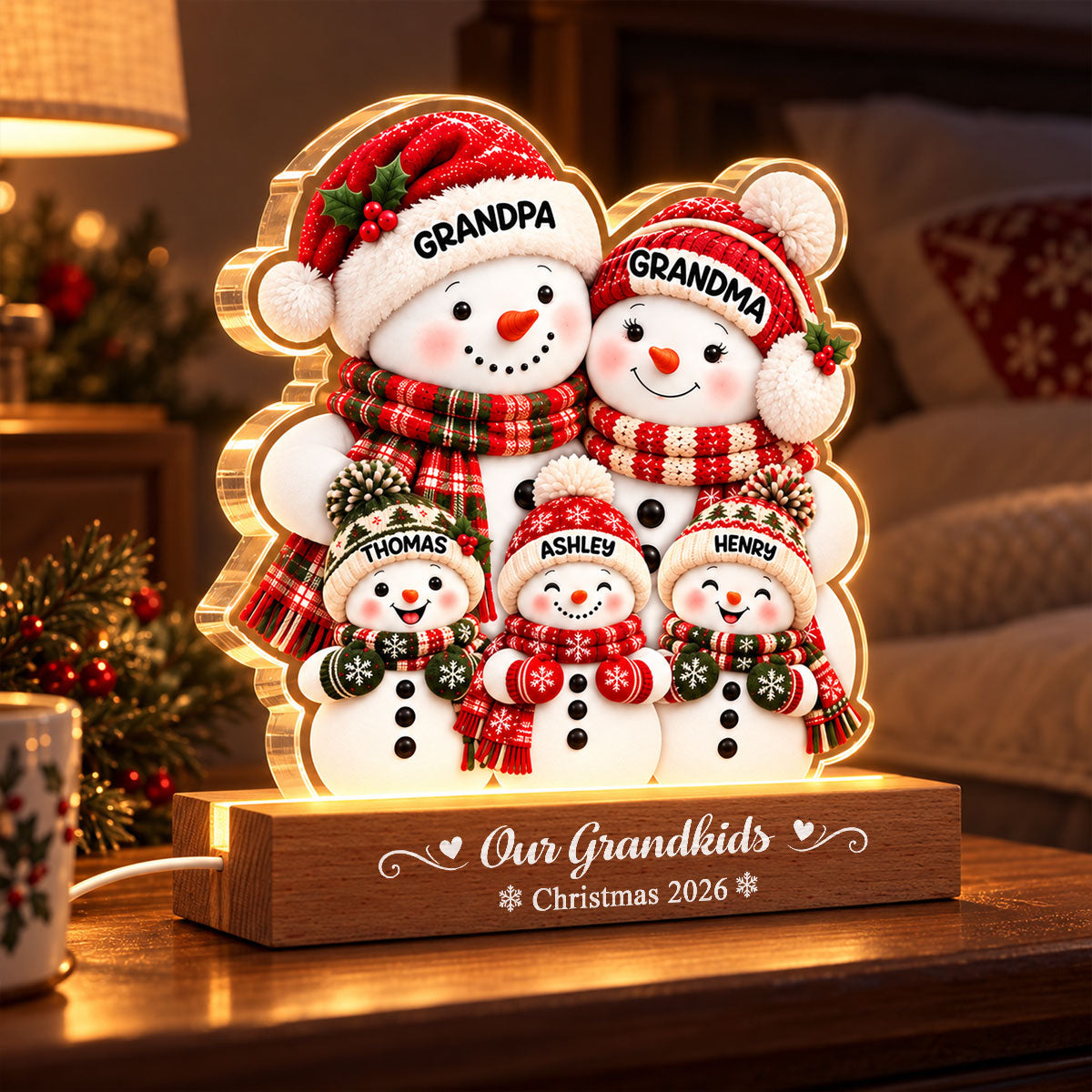 Cozy Warm Christmas Snowman Grandpa Grandma Grandkids - Personalized Acrylic Block LED Night Light - Christmas Decor For Grandparents