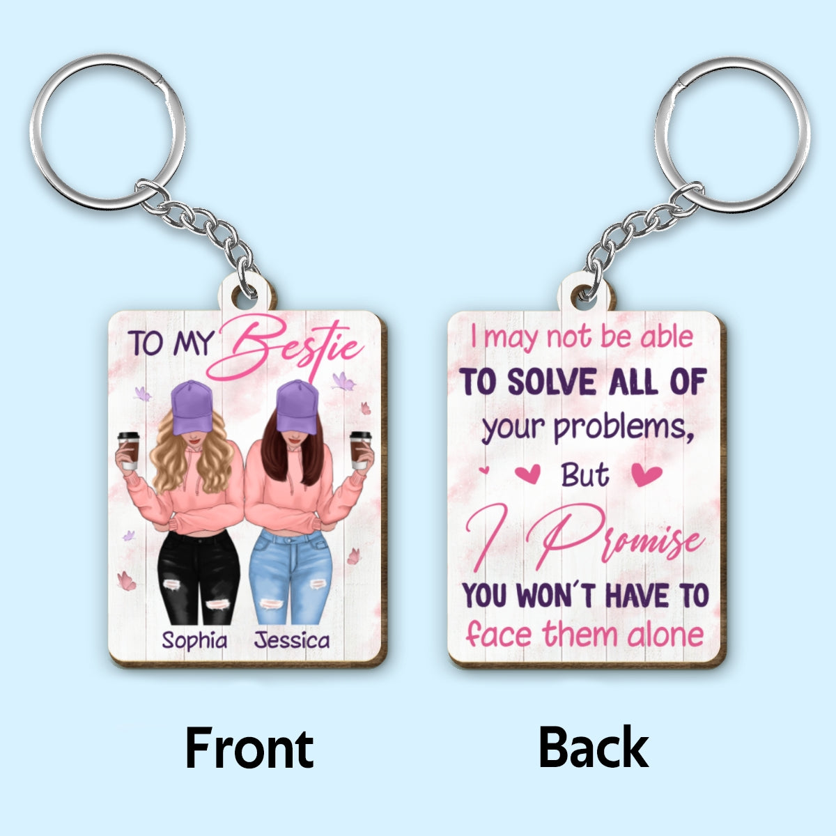 To My Bestie Front View Pink Purple Personalized Wooden Keychain