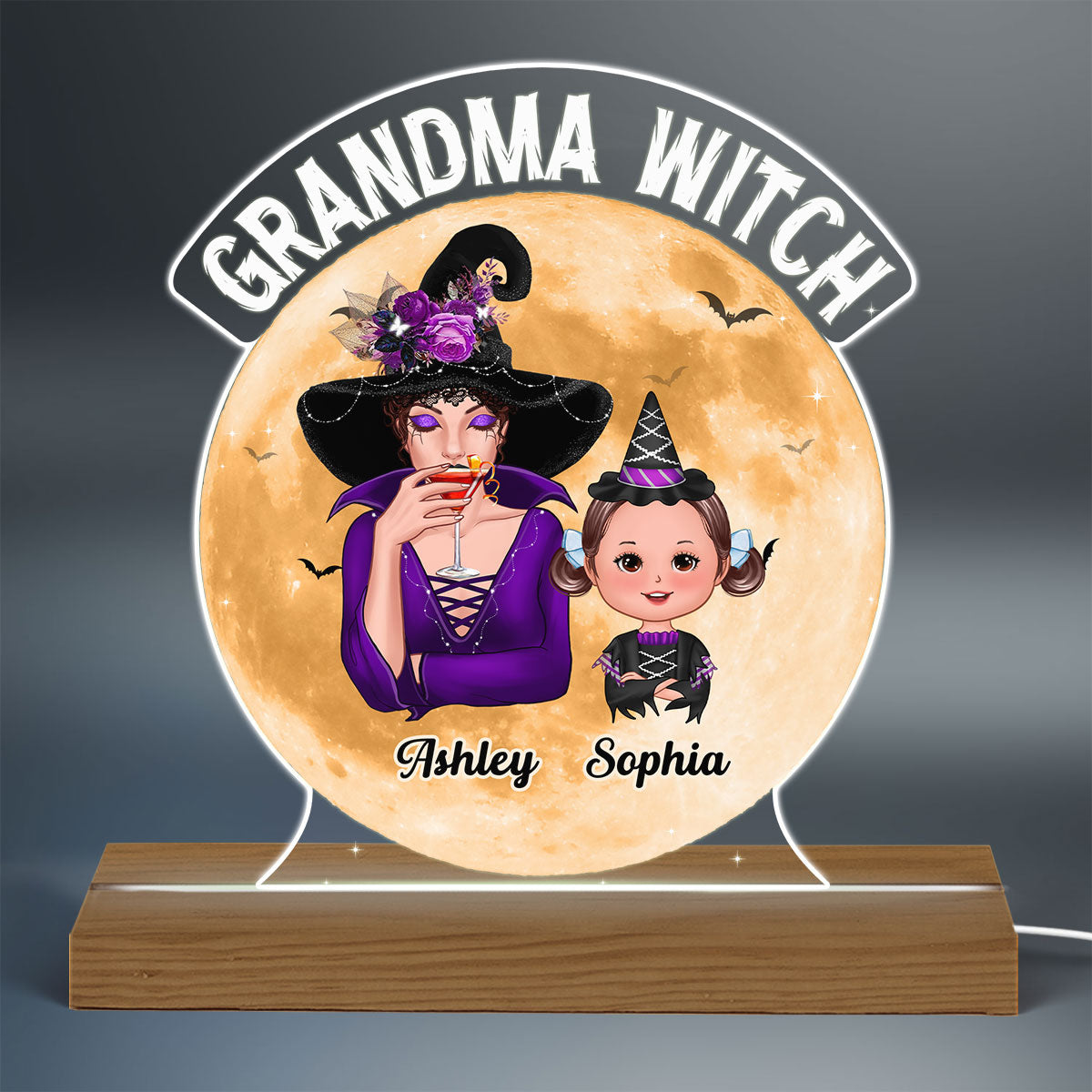 Grandma Witch Halloween Woman & Kids Personalized Custom Shaped Acrylic Plaque With LED Night Light