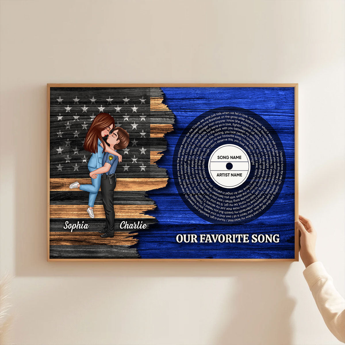 Hero Couple Nation Flag Vinyl Lyrics Favorite Song, Gift by Occupation For Her, For Him Personalized Poster, Anniversary Gift for Couple