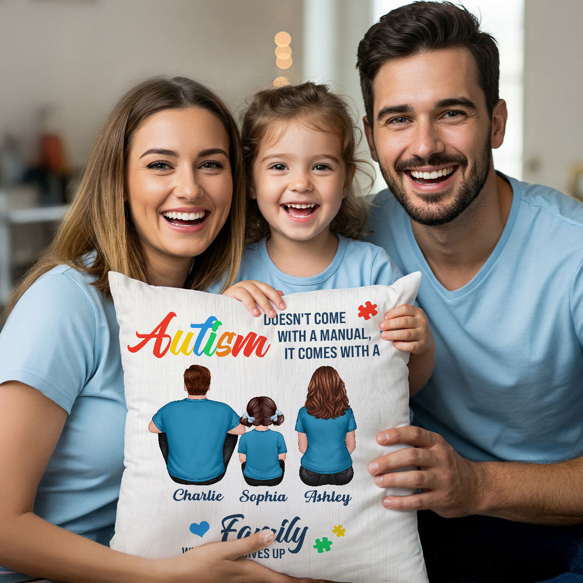 Autism Comes With A Family Never Give Up Family Back View Personalized Pillow