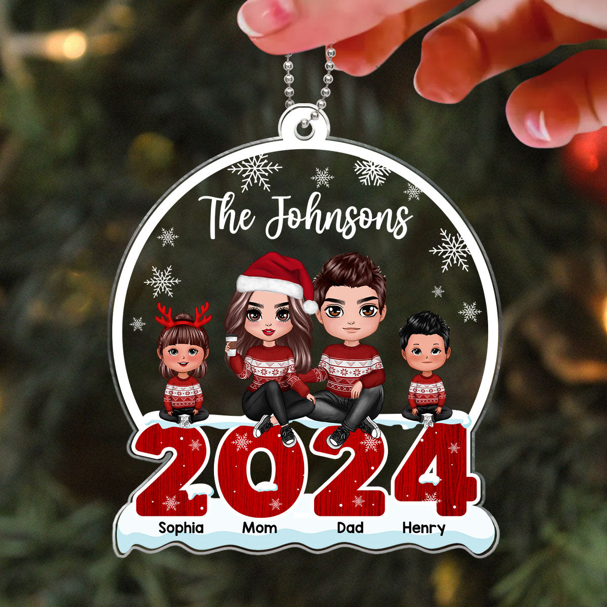 Doll Family Sitting On 2024 Snow Christmas Personalized Acrylic Ornament