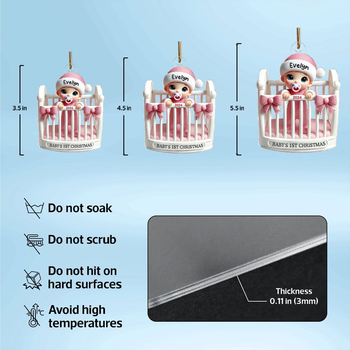Baby Inside Crib 3D Effect Baby's First Christmas Personalized Acrylic Flat Ornament