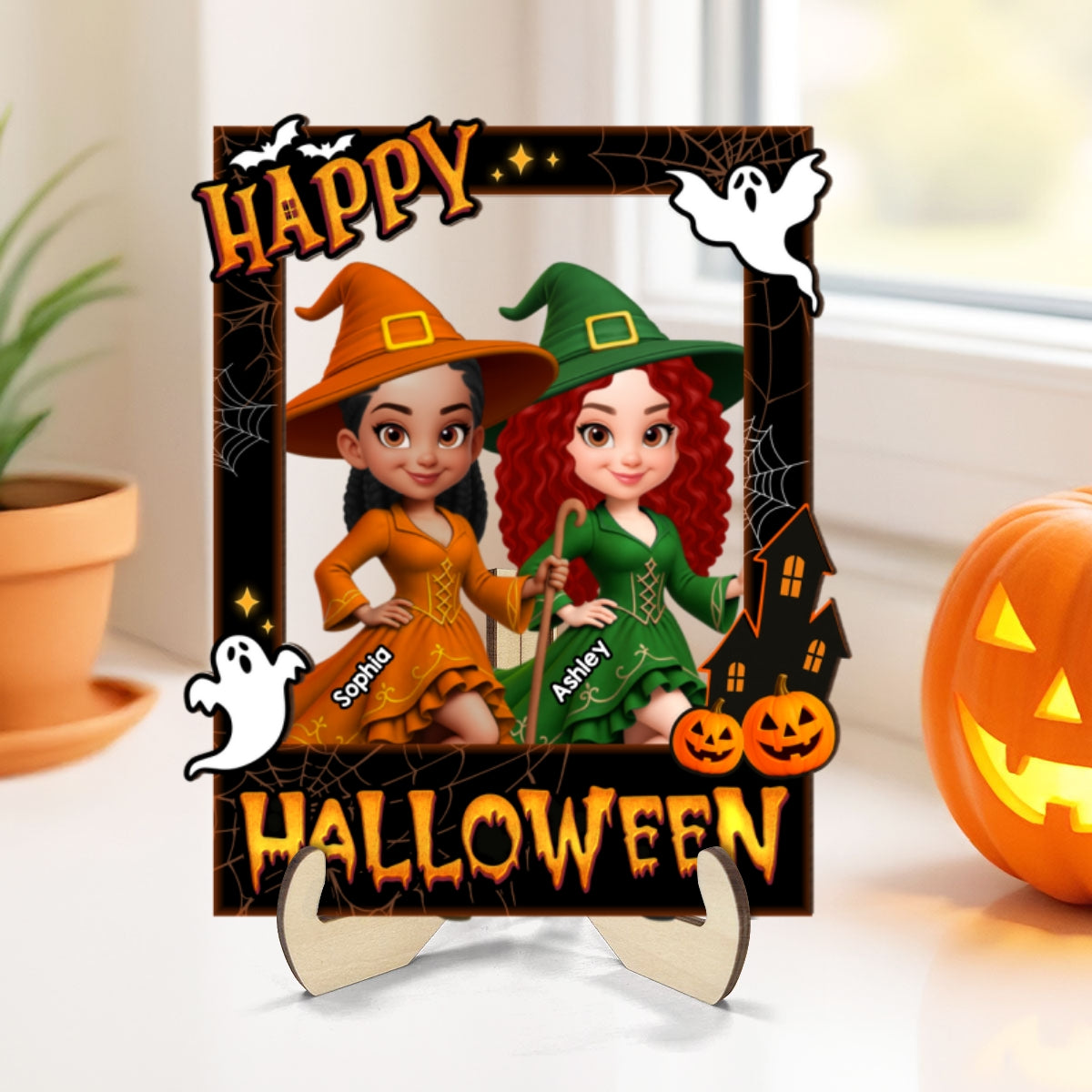 Besties Sisters Witch Photo Booth Frame Personalized 2-Layer Wooden Plaque