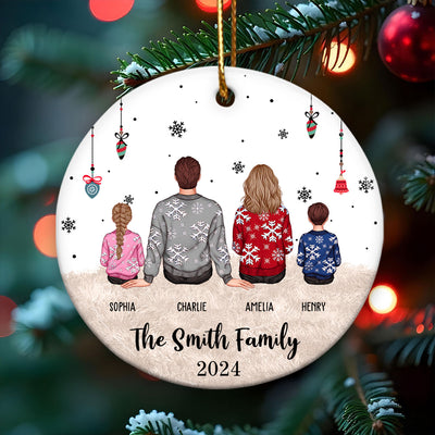 Personalized Big Christmas Family Ornament, Sitting Family Back View, Merry Christmas
