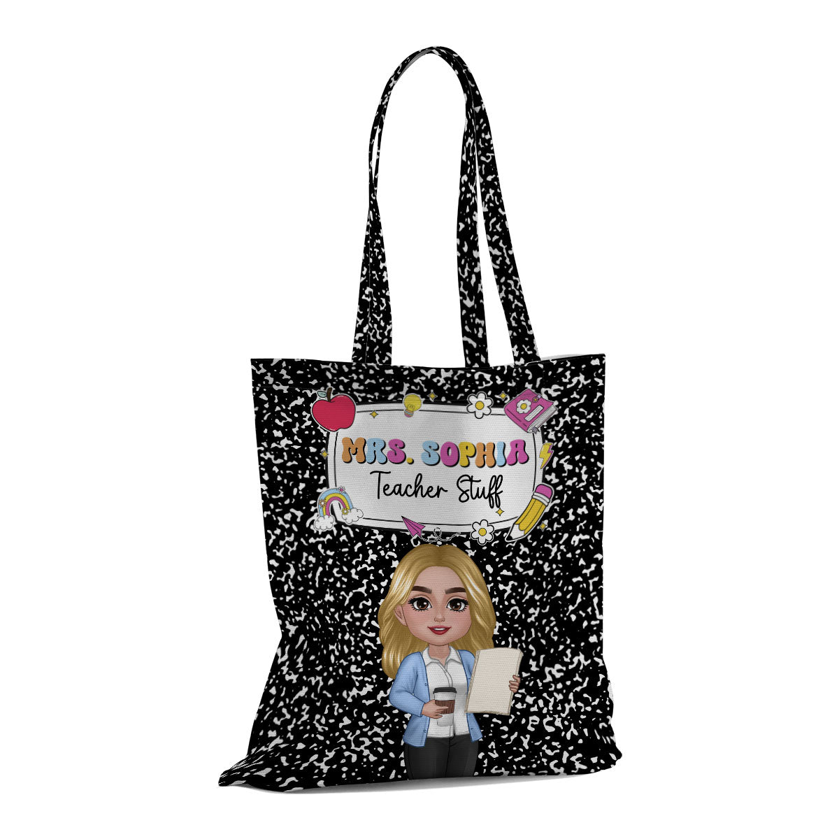 Teacher Composition Book Pattern Personalized Tote Bag, Back To School Gift For Teacher