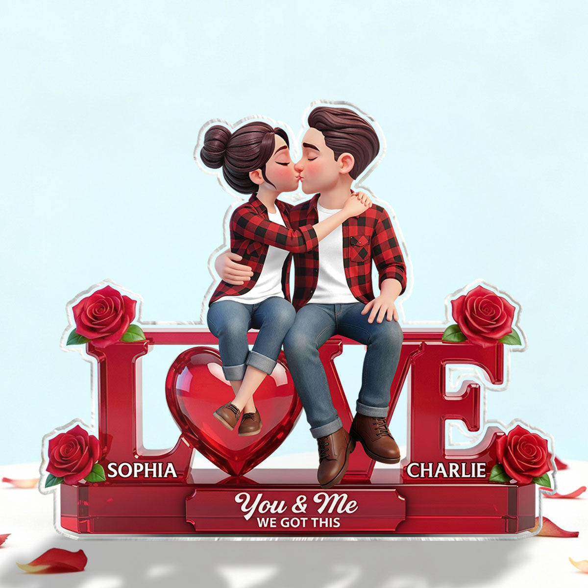 Roses LOVE Couple Sitting Kissing - Personalized Acrylic Block Plaque - Valentine's Day Gift For Couple, For Him, For Her