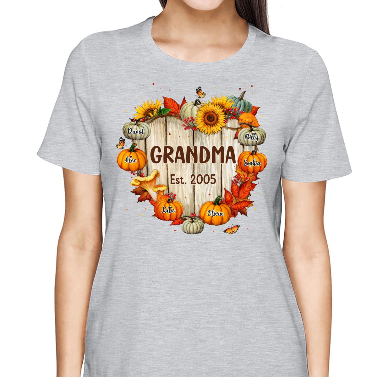 Fall Season Grandma Mom Wood Heart Sign Pumpkins Personalized Shirt