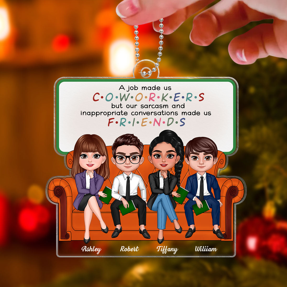 Coworkers Friends Colleagues Sitting On Sofa Personalized Acrylic Ornament, Christmas Gift