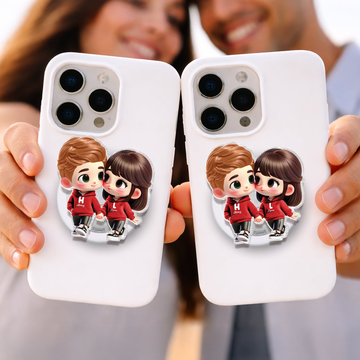 3D Effect Cute Cartoon Couple Holding Hands - Personalized Acrylic Magnetic Phone Grip - Matching Phone Grips for Couples