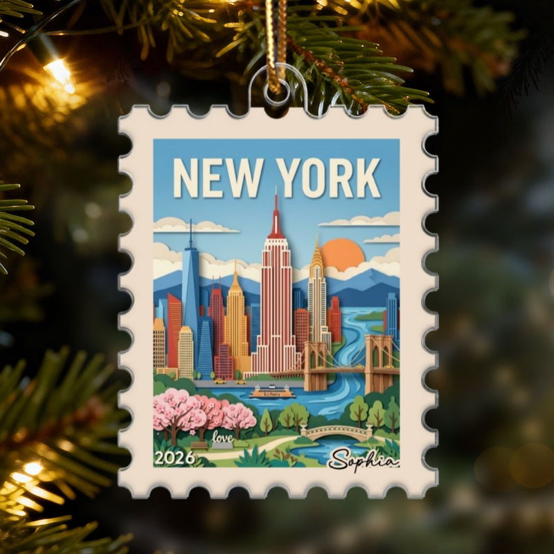 Any City Landscape Stamp - Personalized Acrylic Ornament - Travel Keepsake For Travel Lover