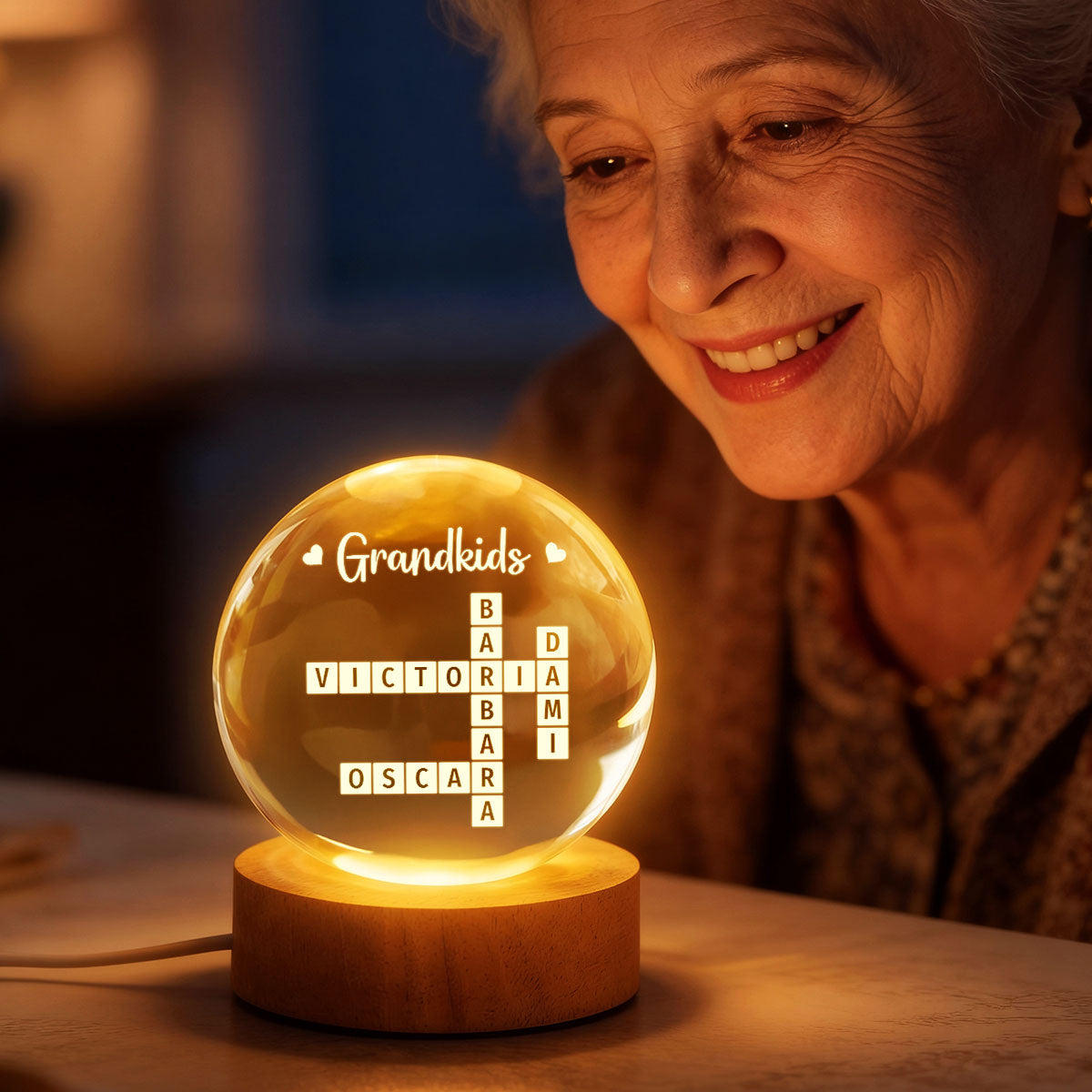 Grandkids Crossword Puzzle Art - Personalized Crystal Ball LED Night Light - Heartfelt Gift For Grandma, Gift For Mom