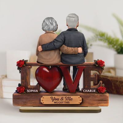 Roses LOVE Back View Old Couple Sitting Embracing - Personalized 2-Layered Wooden Plaque - Valentine's Day Gift For Couple, For Him, For Her