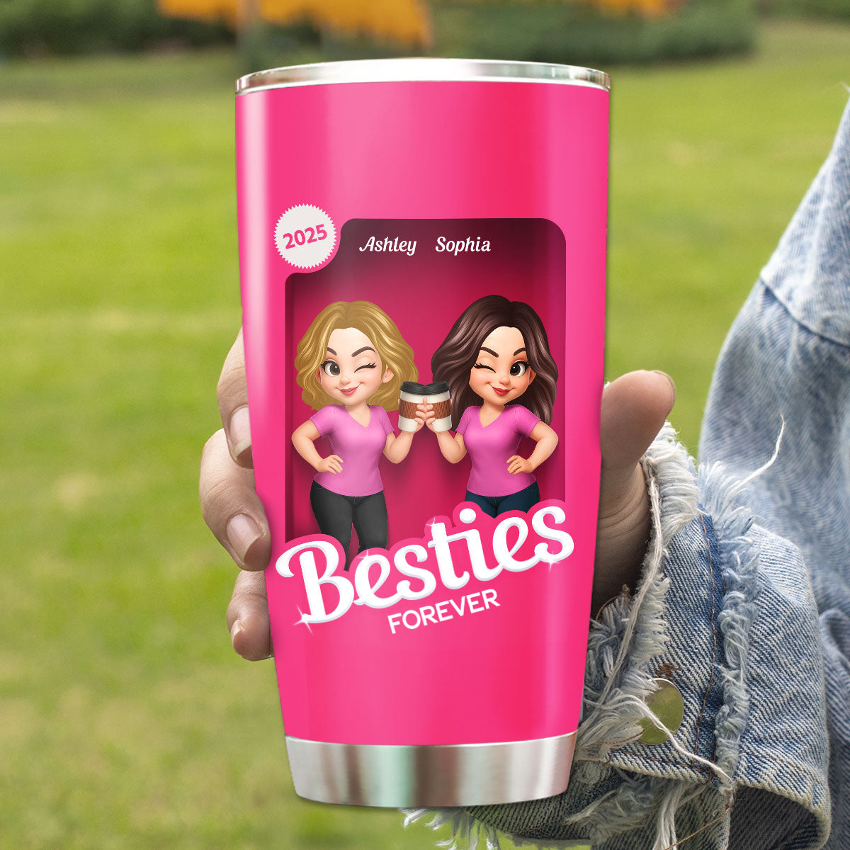 Besties Partner In Crime Pink 3D Effect Action Figure - Personalized Tumbler