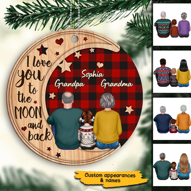 Checkered Pattern Grandma Grandpa Grandkid On Moon Personalized Wooden Ornament
