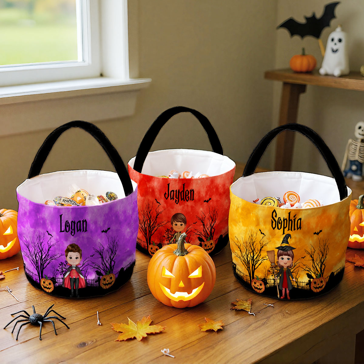 Halloween Character Moon Bat Tree Personalized Trick Or Treat Basket, Halloween Gift For Kids
