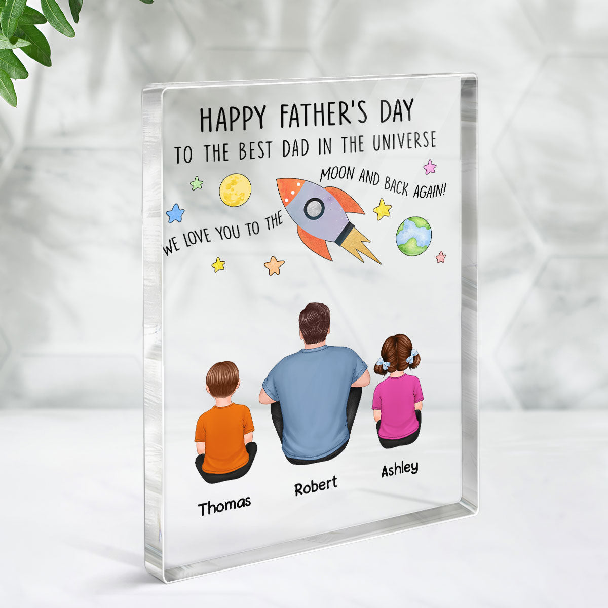 Happy Father‘s Day To The Best Dad In The Universe Back View Man Sitting With Kids Dogs Cats Personalized Vertical Rectangle Acrylic Block Plaque