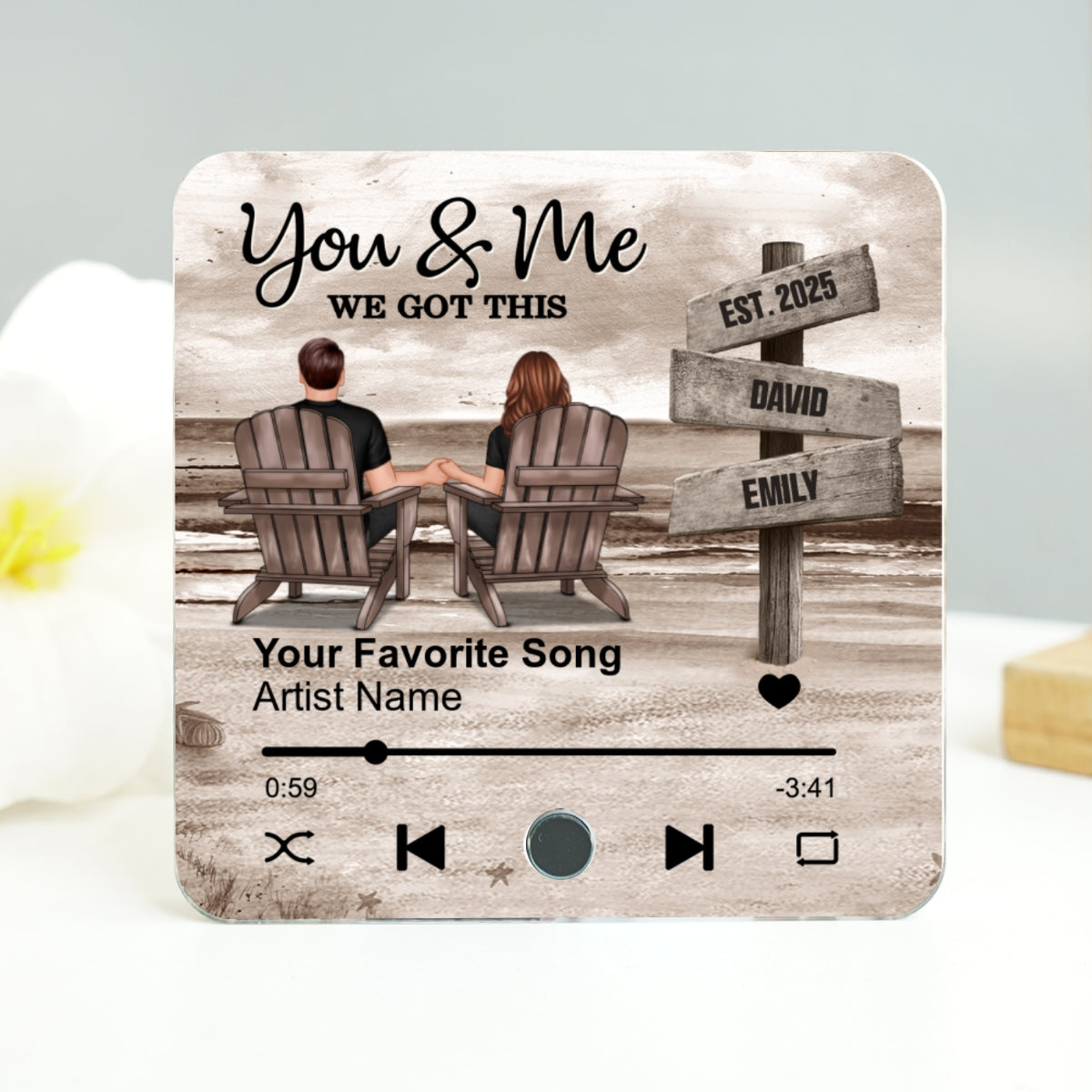Eternal Love Beach Landscape Couple Sign Posts - Personalized Music Fridge Magnet - Heartwarming Christmas Gift For Couple, For Him, For Her