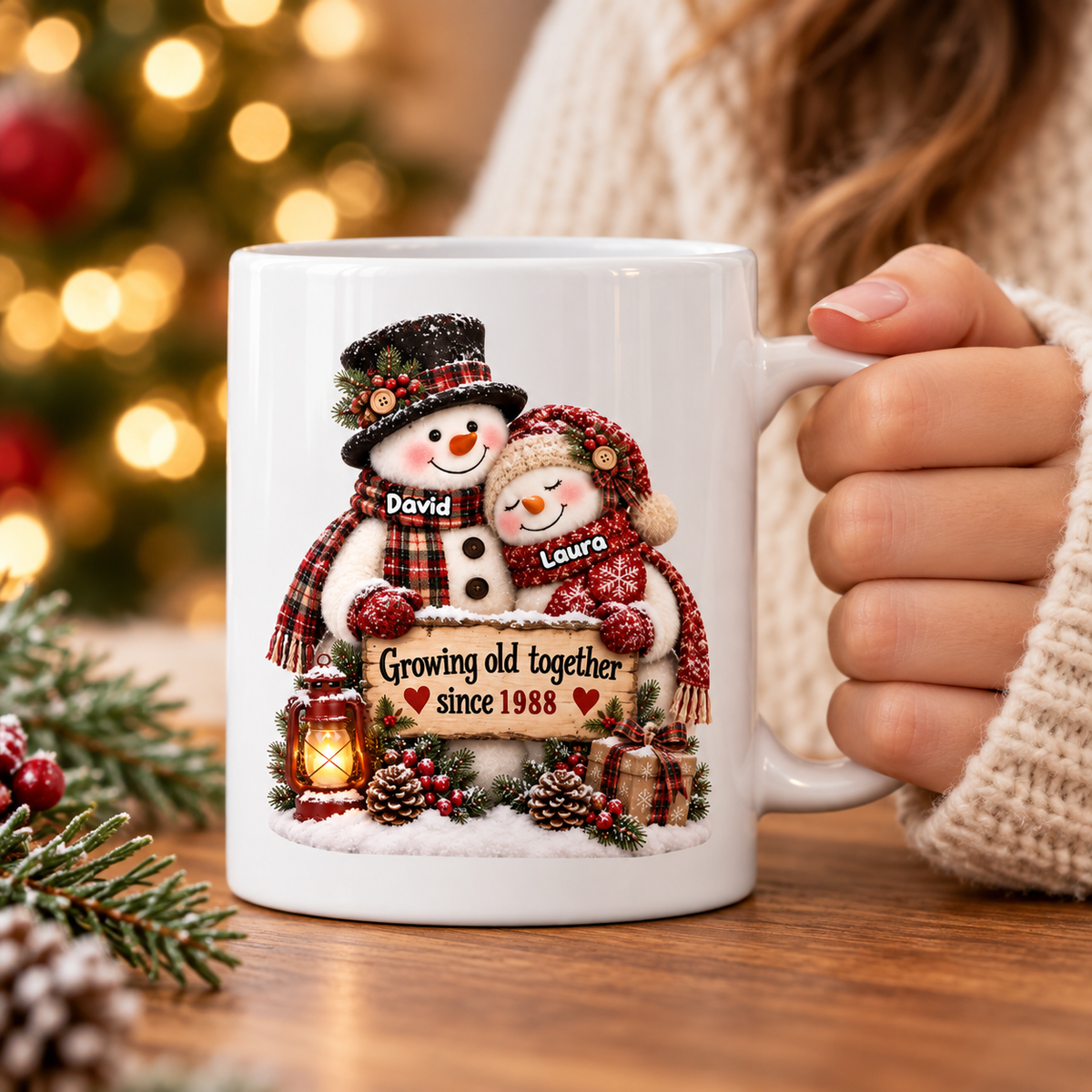 Snowman Couple Hugging Growing Old Together - Personalized Mug - Heartfelt Christmas Gift for Her, for Him