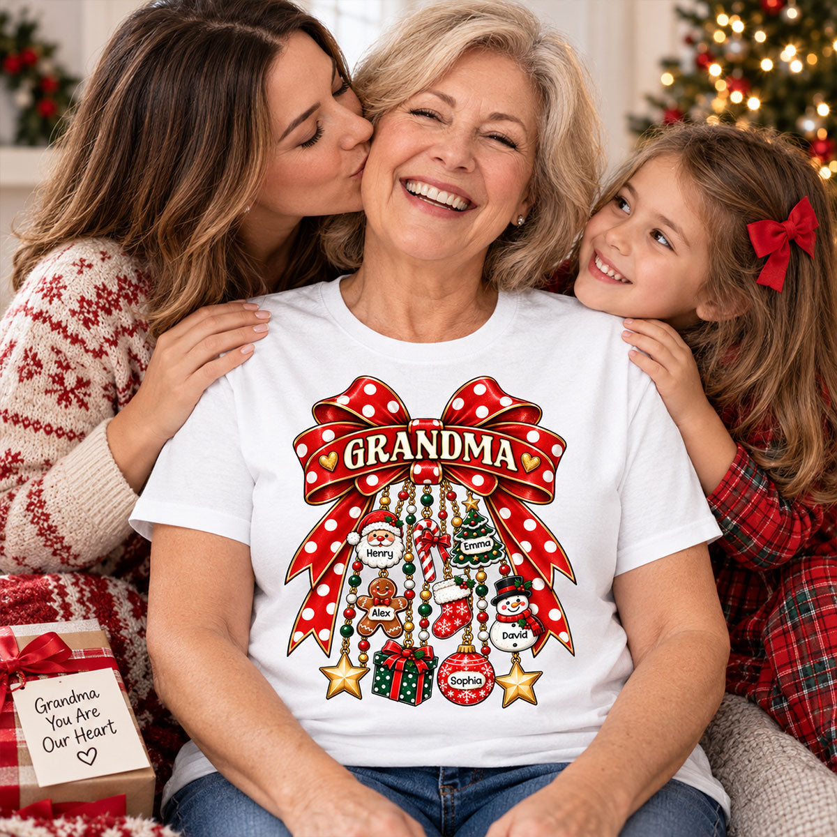 Grandma Retro Christmas Charm Bow - Personalized Shirt - Trendy Christmas Tee for Grandma