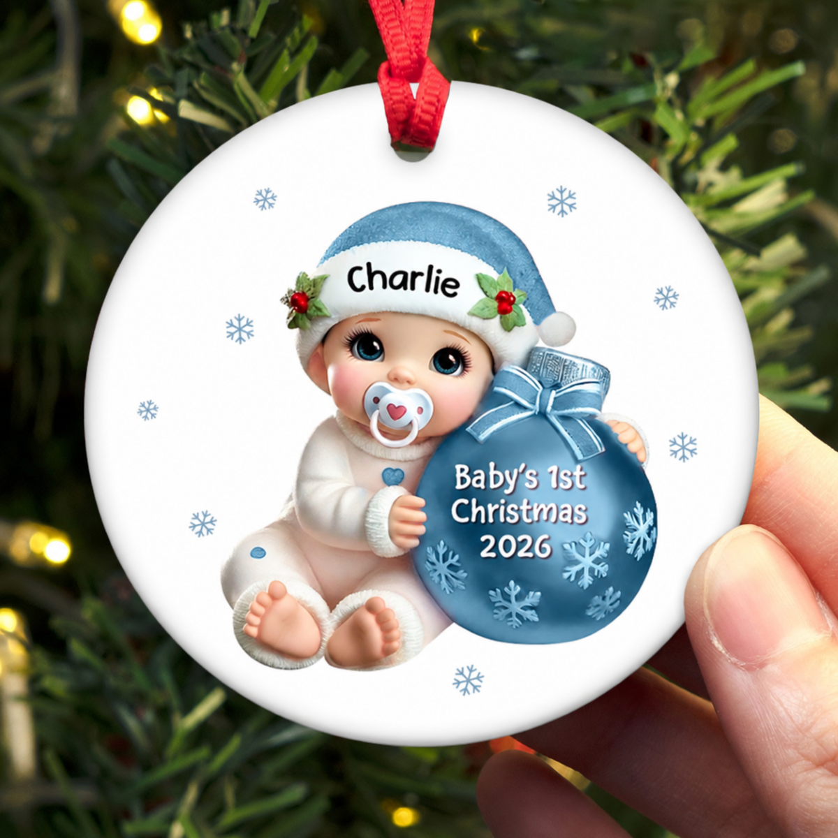 Baby Beside Christmas Bauble Baby's First Christmas Personalized Flat Ceramic Ornament