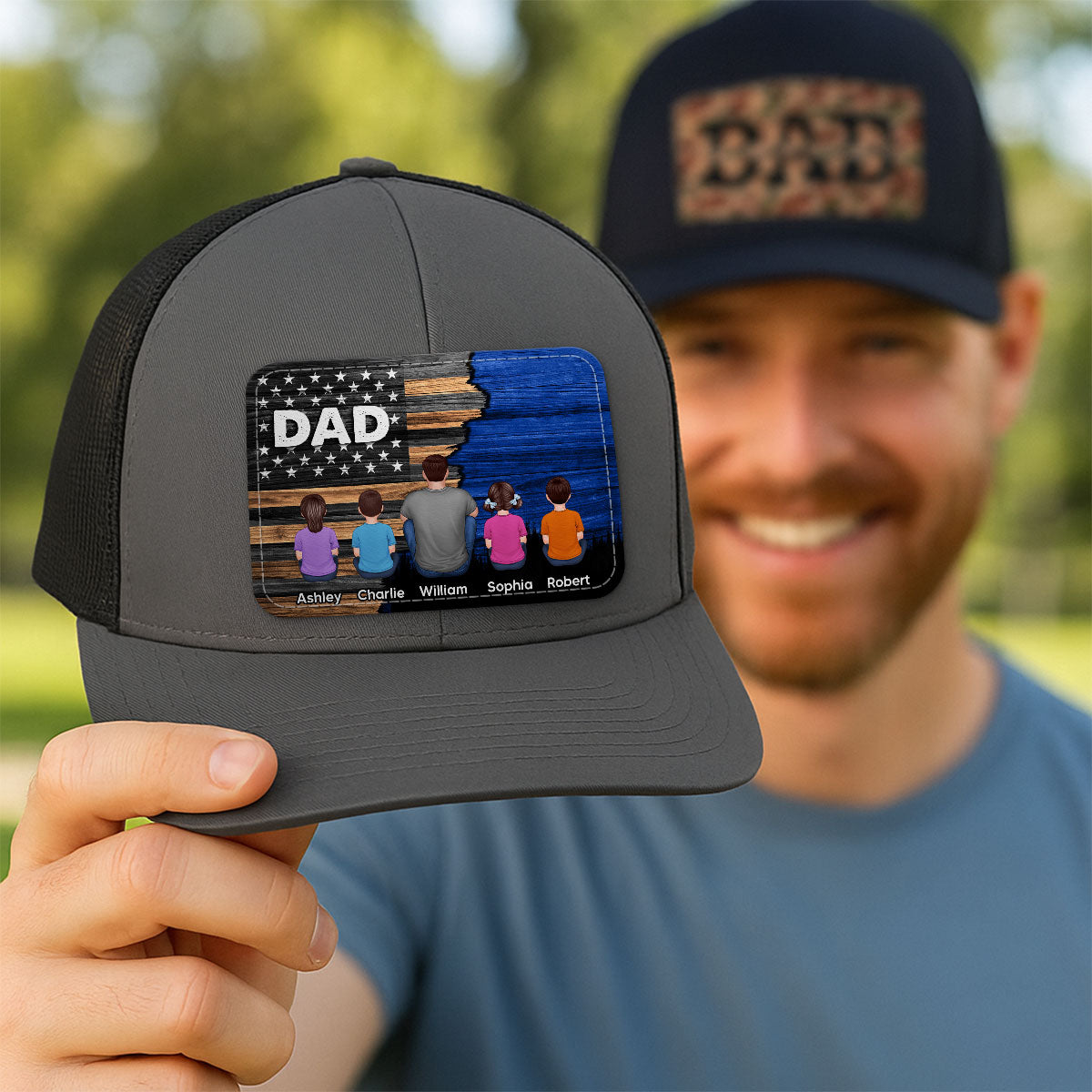 Dad Grandpa Papa Back View Sitting With Kids Half Nation Flag Personalized Leather Patch Hat