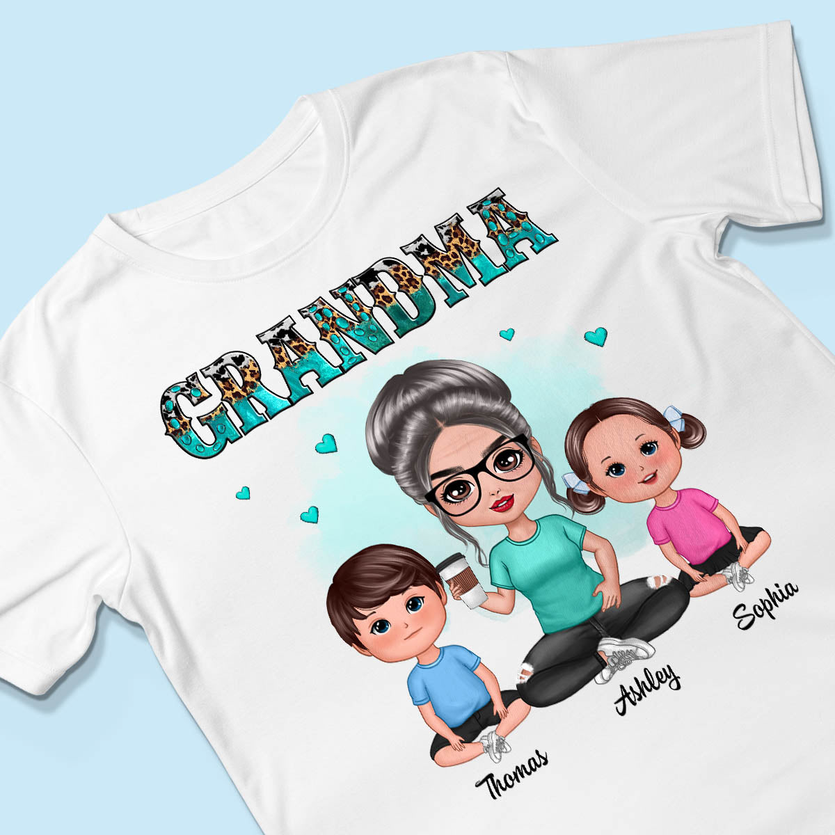 Teal And Leopard Doll Grandma And Grandkids Sitting Personalized Shirt