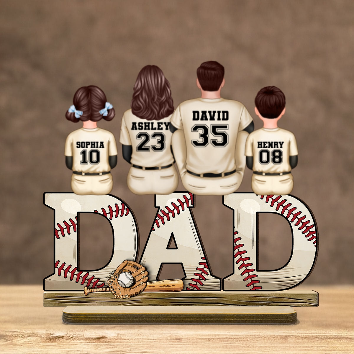Baseball Dad Family Sitting Back View Personalized Standing Wooden Plaque, Father's Day Gift for Dad, for Grandpa, for Husband