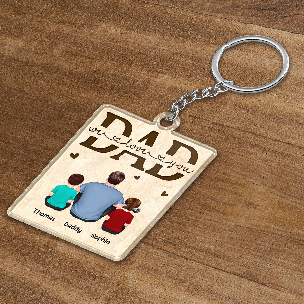 We Love You Dad Back View Man Sitting With Kids Dogs Cats Personalized Acrylic Keychain