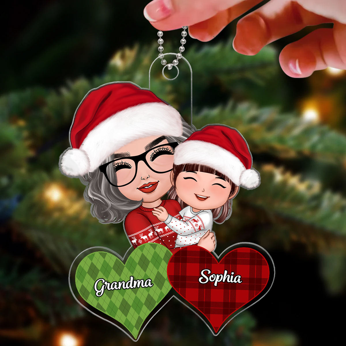 Christmas Doll Grandma Hugging Kid Checkered Pattern Hearts Gift For Granddaughter Grandson Personalized Acrylic Ornament