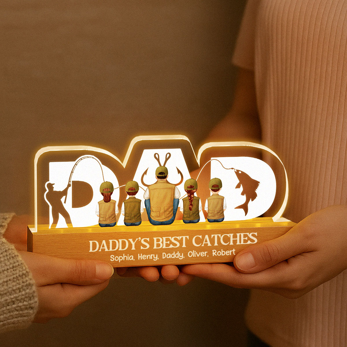 Fishing Dad Grandpa And Kids Back View Personalized Acrylic LED Night Light, Father's Day Gift for Dad, Gift for Husband