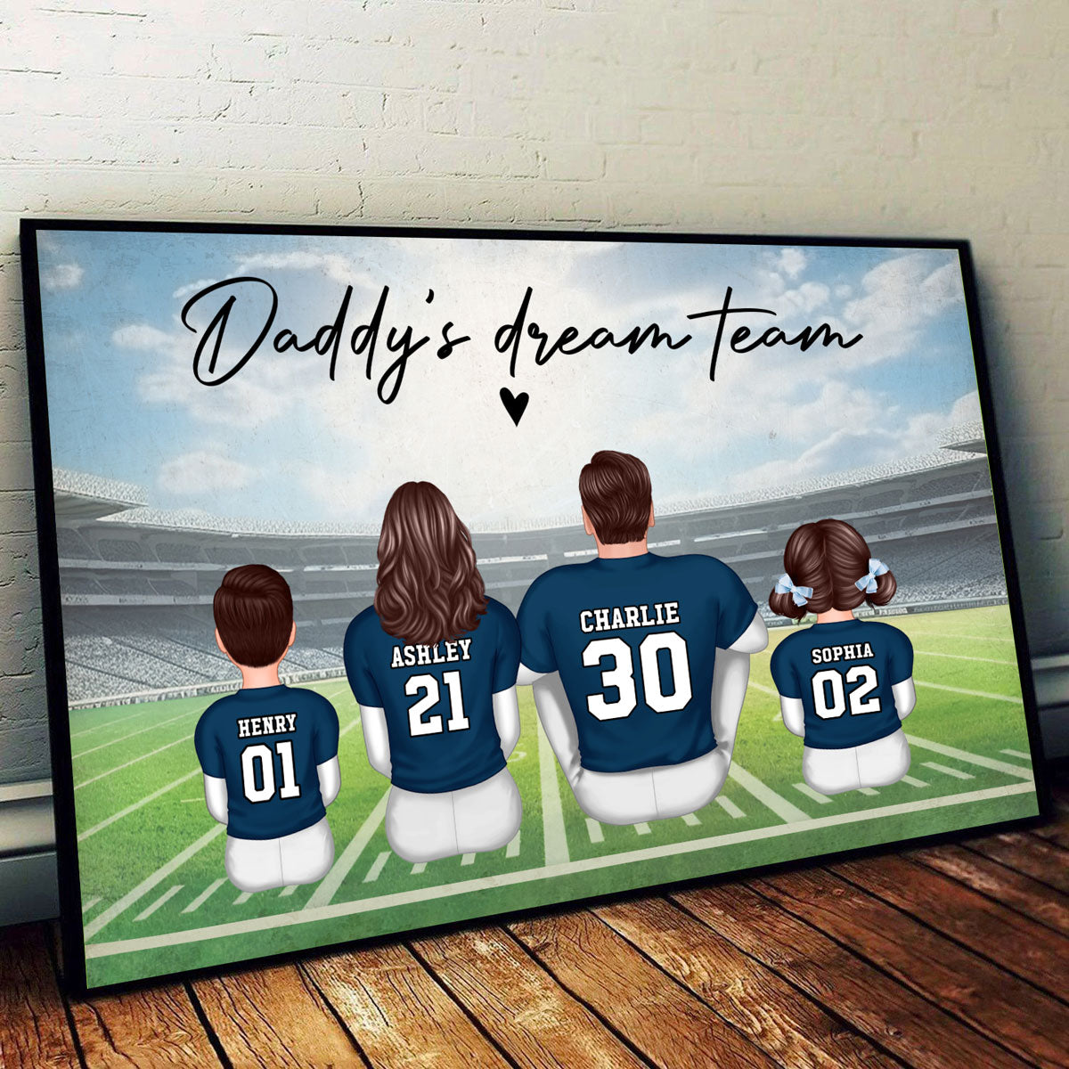 Daddy's Team Football Family Sitting Back View - Personalized Poster