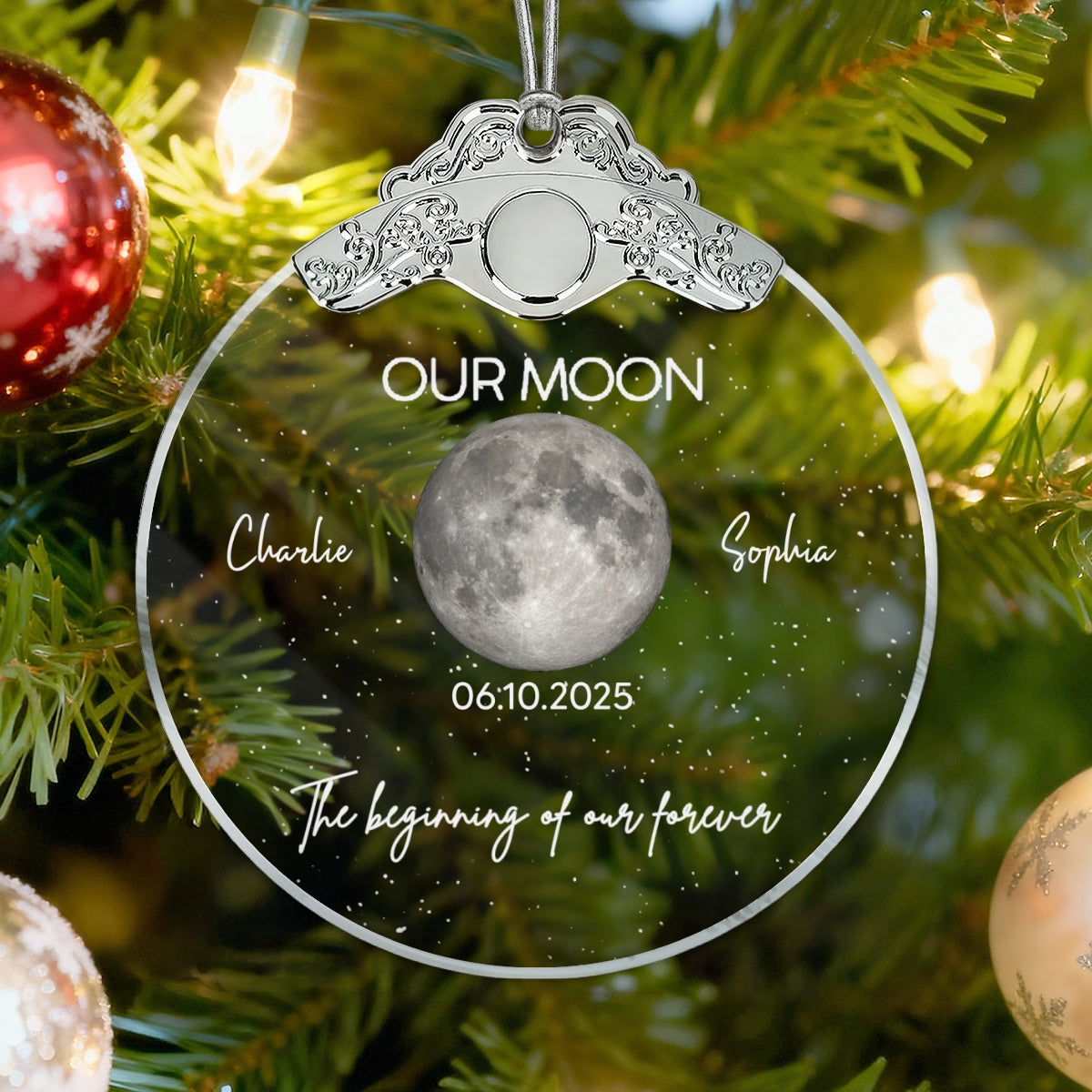 Custom Moon Phase Couple Anniversary Date The Beginning Of Our Forever - Personalized Glass Ornament With Silver Cap